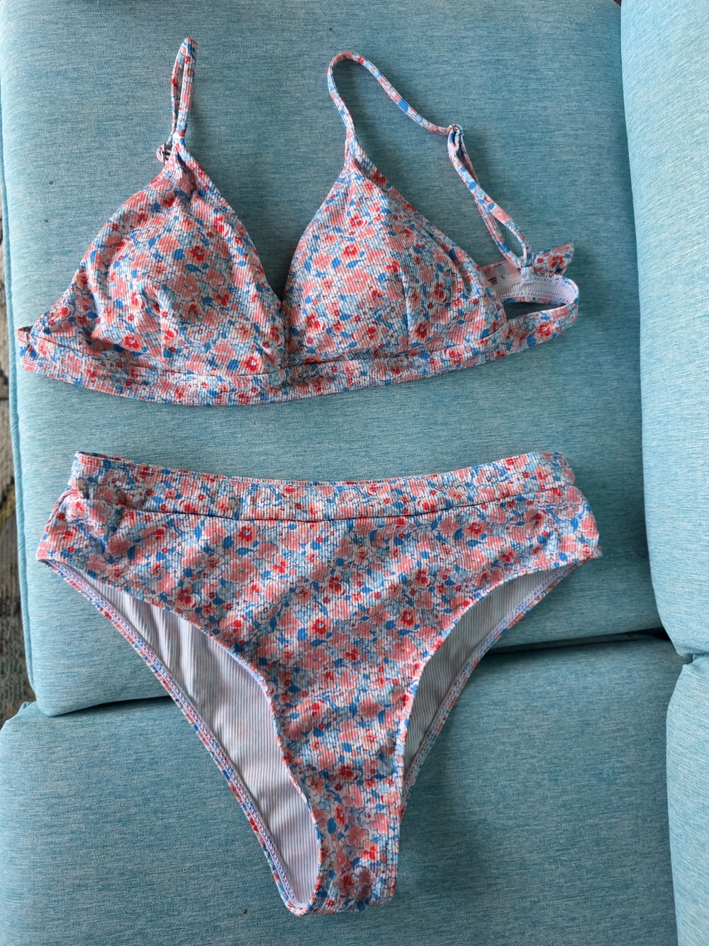 SHEIN Floral Ribbed Bikini Set - Pink & Blue